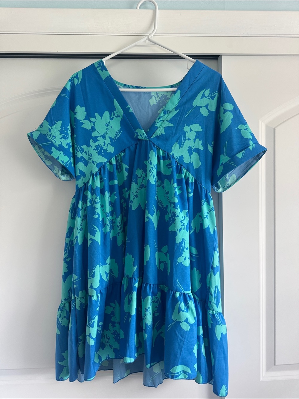 Blue & Teal Floral  Dress - V-Neck Casual Tunic